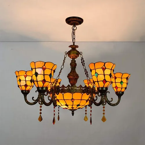 Vista 3 de Tiffany - Lámpara de techo con cuentas de cristal, múltiples cabezales, color amarillo mediterráneo, para comedor, sala de estar, villa, pasillo, 6