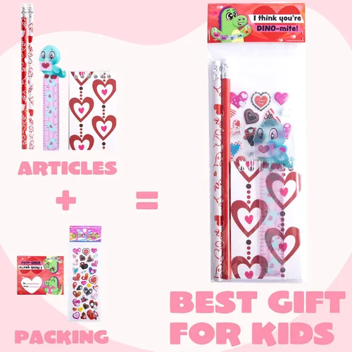 Vista 4 de JOYIN Juego de 28 artículos de papelería para el día de San Valentín con tarjeta de regalo para niños, incluye lápices, reglas, cuaderno