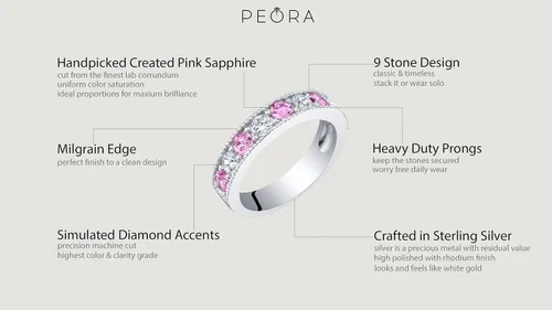 Vista 4 de Peora Sterling Silver 4mm Milgrain Half-Eternity Anniversary Wedding Ring Band for Women, Various Gemstones, Comfort Fit, Sizes 5 to 9