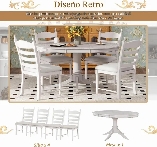 Vista 5 de Juego de mesa de comedor redonda extensible retro de 5 piezas, mesa de comedor ajustable de madera maciza de 42 a 58 pulgadas con 4 sillas de Blanco