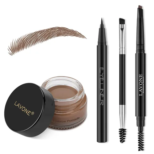 Vista 23 de LAVONE Kit de lápiz de sello para cejas, kit de maquillaje triple con lápiz de ceja impermeable, delineador, pomada de cejas y cepillo de cejas