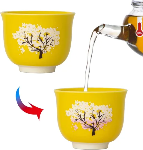 Vista 8 de Taza de té con flores de cerezo cambiantes sensibles al calor, 4.4 onzas, azul Estilo japonés, cambio de color, apto para lavavajillas, para té