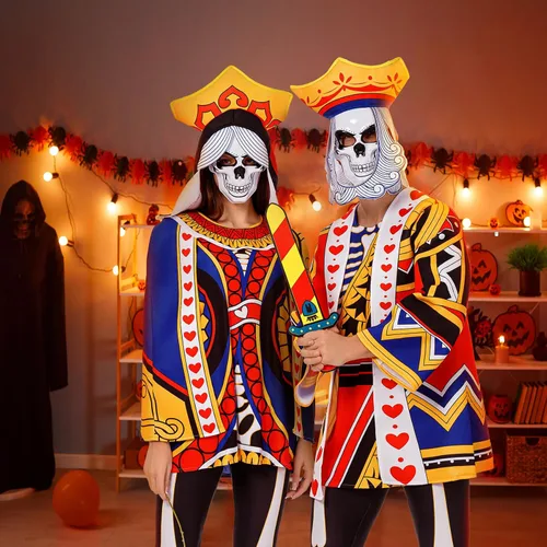Vista 6 de Disfraces de Halloween para parejas de adultos, rey y reina, disfraces de Halloween con máscara de calavera, disfraces de pareja de Halloween