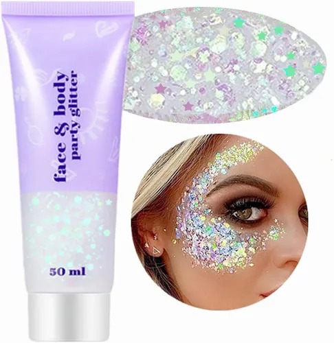 Vista 12 de Go Ho Brillantina azul para rostro y cuerpo, pintura facial azul de Halloween, gel brillante de sirena, lentejuelas gruesas holográficas para ojos