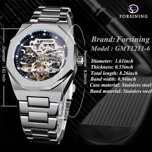 Vista 4 de FORSINING Reloj automático mecánico de pulsera para hombre octogonal impermeable reloj de esqueleto de lujo diamante Tourbillon plateado correa