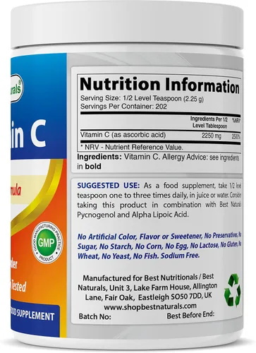 Vista 2 de Best Naturals Polvo de Vitamina C 100% Puro 1 lb (454 gramos) en Polvo (También llamado Ácido Ascórbico)