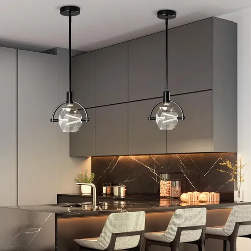 Vista 3 de Lámpara colgante de techo para isla de cocina, moderna mini luz colgante LED integrada, lámpara colgante de cristal en negro, dormitorio, comedor