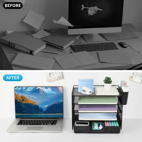 Vista 6 de LEKETREE Organizador de escritorio y accesorios, organizador de bandejas de papel de 5 niveles con cajón y 2 soportes para bolígrafos