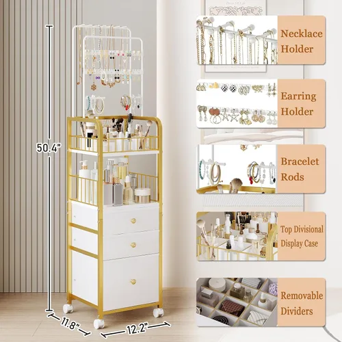 Vista 2 de Carrito organizador de maquillaje con 3 cajones, organizadores de joyas y almacenamiento para collar de aretes, organizador de almacenamiento grande