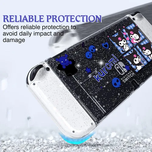 Vista 8 de DLseego Little Devil Rabbit Glitter Switch OLED funda protectora de Demon Angel transparente antiarañazos carcasa dura de TPU suave con 2 tapas