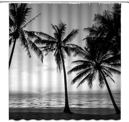 Vista 3 de Cortina de ducha de palmera blanca y negra, playa, paisaje oceánico, selva tropical, planta hawaiana, moderna, exótica, poliéster, decoración