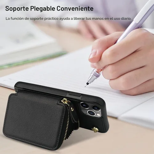 Vista 6 de Bocasal Funda tipo cartera cruzada para iPhone 11 Pro Max, funda de piel con bloqueo RFID y soporte para tarjetas, funda protectora con cremallera