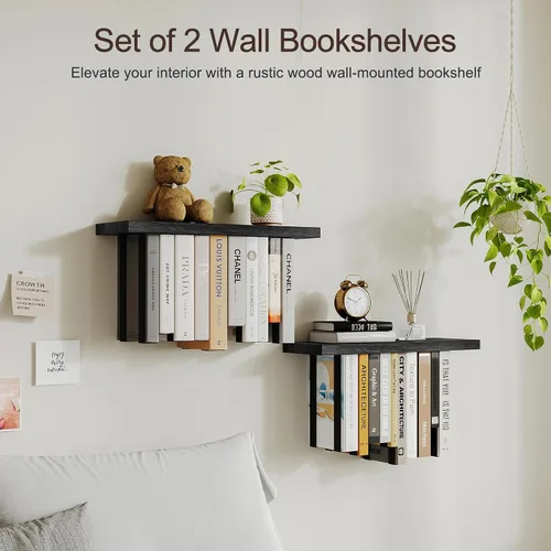 Vista 6 de Estantería flotante para pared, estantería colgante de madera rústica, estante de libros boca abajo y estantes montados en la pared para decoración