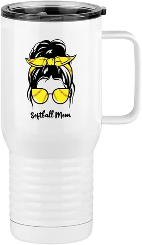 Vista 11 de Just So Posh Vaso de béisbol para mamá, taza de café de viaje con asa y tapa deslizante, color blanco de 20 onzas, color camello polar, acero