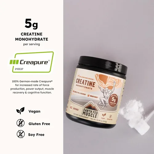 Vista 3 de Earth Fed Muscle Monohidrato de creatina en polvo, 10.58 oz, 60 porciones Creatina alemana Creapure para fuerza, potencia y crecimiento muscular