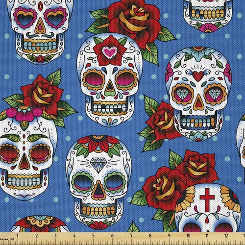 Vista 121 de Ambesonne The Yard, tela de calavera colorida con temática de Halloween, diseño de calavera y huesos cruzados, divertido estampado de dibujos