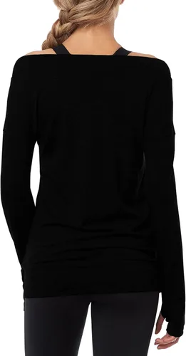 Vista 2 de Muzniuer Camisas de entrenamiento de manga larga, hombros descubiertos, manga larga, yoga, deportes, camiseta deportiva con agujero para el pulgar