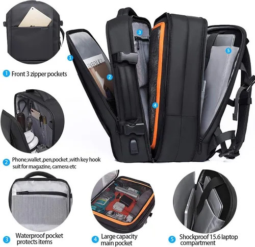 Vista 2 de Mochila de viaje de 35 litros, mochila de mano aprobada para vuelos para bolsa de viaje internacional, resistente al agua, duradera, mochilas