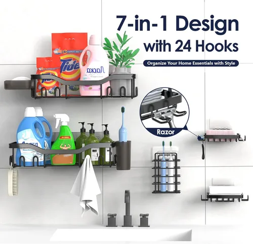 Vista 7 de NESOMI Organizador de Ducha Adhesivo Juego de 7 Piezas, Estantes de Baño de Acero Inoxidable a Prueba de Óxido, Accesorios de Almacenamiento sin