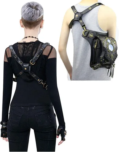 Vista 4 de Riñonera gótica de cuero steampunk con cadena bolsa cruzada para el hombro bolsa de cadera Negro