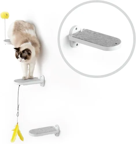 Vista 7 de SVD.PET Escalones de pared para gatos (paquete de 2), escaleras para subir con almohadilla de fieltro reemplazable, estantes para gatos con juguete