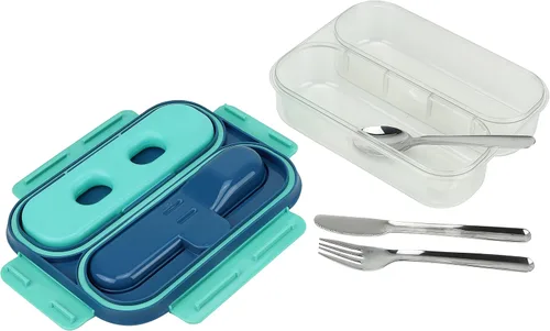 Vista 3 de BUILT Caja Bento de 2 compartimentos con bolsa de hielo y utensilios de acero inoxidable, contenedor de comida de viaje reutilizable con tapa