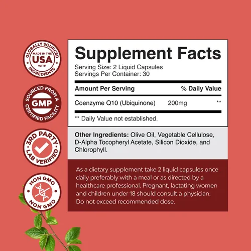 Vista 3 de Suplemento de cápsulas líquidas CoQ10 - Coenzima Q10 de alta absorción con 200 mg por porción - Salud cardíaca y potente apoyo energético