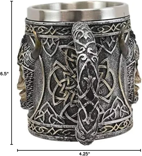 Vista 3 de Ebros Viking Berserker - Taza de café de calavera con cuernos de bisonte, 16 onzas con patrones de nudos celtas, con forro de acero inoxidable