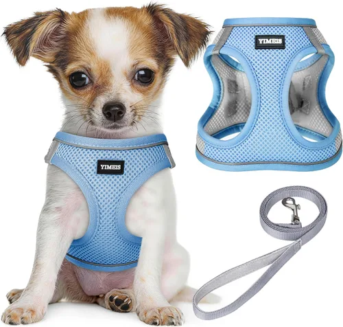 Vista 32 de YIMEIS Juego de arnés y correa para perro, arnés de malla suave sin tirones, chaleco reflectante ajustable para cachorros para perros pequeños