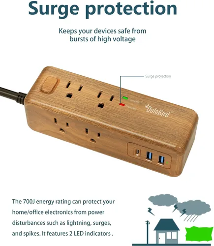 Vista 3 de Regleta de alimentación con 8 tomacorrientes con 2 puertos USB-A+1USB-C, estación de carga, cable de extensión larga, enchufe plano en ángulo recto