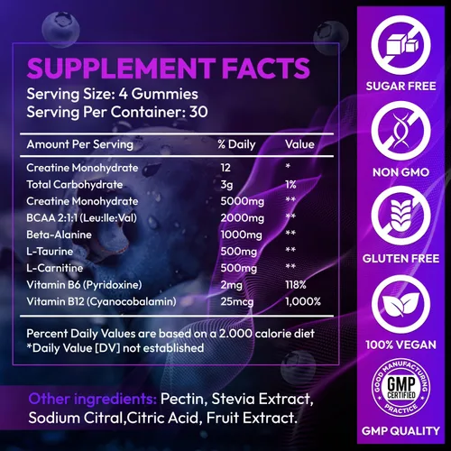 Vista 7 de Gomitas de Creatina Monohidrato Complejo para Hombres y Mujeres, 9000MG Suplemento de Creatina Pre-Entrenamiento Mejora la Fuerza Muscular
