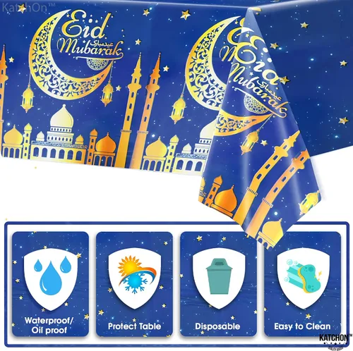 Vista 3 de KatchOn, Blue Eid Mubarak Mantel de 108 x 54 pulgadas, paquete de 3 manteles de Eid Mubarak para decoraciones de Eid para el hogar Decoraciones