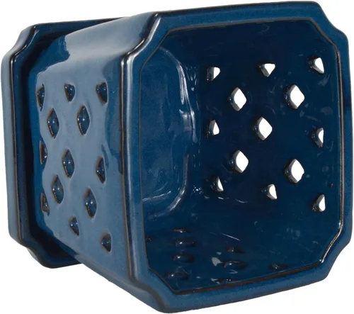 Vista 4 de W&W Ceramic Orchid Pot with Holes and Saucer for Repotting, Blue, 7" Azul