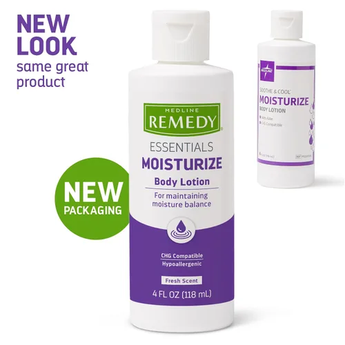 Vista 2 de Medline Remedy Essentials Loción corporal hidratante, aroma fresco, 4 onzas, fórmula nutritiva para el cuidado de la piel, hipoalergénica, paquete