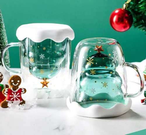 Vista 5 de MUCHENGGIFT Bonita taza de café con diseño de árbol de Navidad, taza de té y leche con aislamiento de doble pared, taza de espresso, el mejor regalo