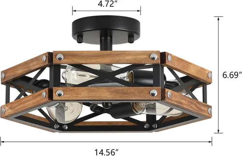 Vista 4 de Lámpara de techo de madera rústica de 3 luces, de madera de roble y jaula de metal, lámpara de techo semiempotrada para pasillo, pasillo, entrada