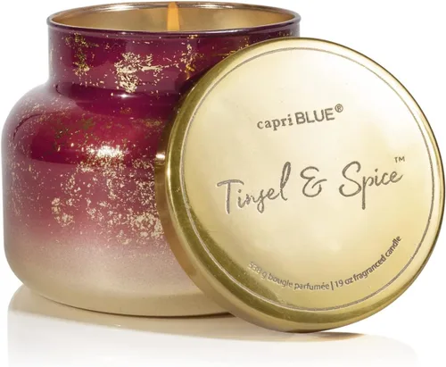 Vista 20 de Capri Blue Glimmer Mini Tin - Vela perfumada a manzana con mini portavelas, mezcla de cera de soja, Capri Blue Apple Cider Social Red and Gold