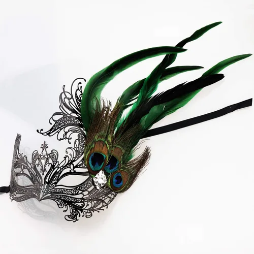 Vista 4 de Thmyo Máscara de metal para mascarada con plumas de pavo real máscara veneciana de Halloween