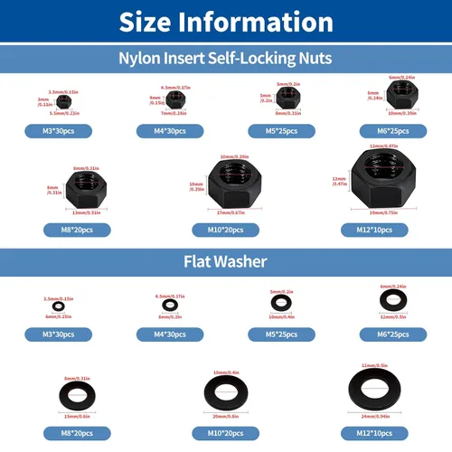 Vista 2 de Kit surtido de 320 tuercas de seguridad negras, arandelas planas M3 M4 M5 M6 M8 M10 M12 inserción de nailon de acero al carbono tuercas