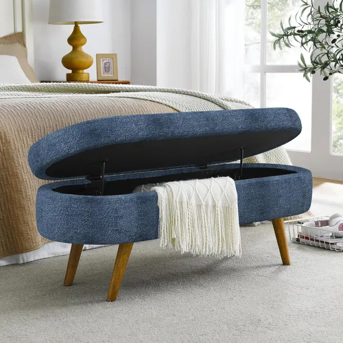 Vista 11 de 43.5” Storage Ottoman Bench，Upholstered Oval End of Bed Bench for Bedroom Beige