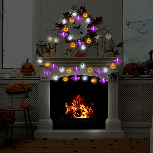 Vista 5 de Guirnalda de luces de Halloween, 16.4 pies, 30 luces LED 3D de calabaza, murciélago, fantasma, funciona con pilas, color naranja y morado, 8 modos