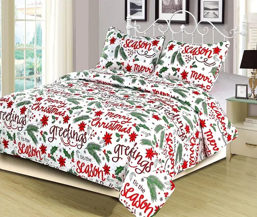 Vista 2 de HowPlum Christmas Cheer Winter Script Edredón Ligero de Vacaciones Juego de Ropa de Cama Full/Queen, Rojo Verde Blanco