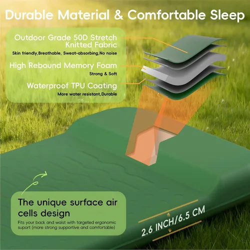 Vista 4 de HiiPeak Colchoneta de dormir con memoria, compacta, ultra gruesa, de espuma con almohada para acampar, fácil de inflar y desinflar, 9.5 R-Value