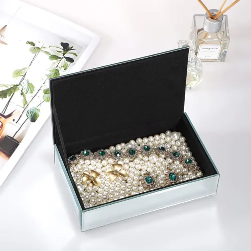 Vista 3 de Hipiwe Joyero con superficie de espejo de cristal, caja de almacenamiento para anillos, aretes, collares, pulseras, organizador de tesoros, caja