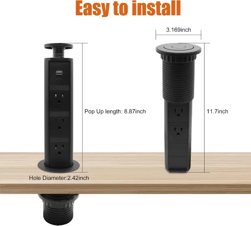 Vista 4 de Facon Toma de corriente emergente para encimeras y casas rodantes, 3 tomas de CA + 2 puertos USB, regleta de alimentación retráctil con orificio