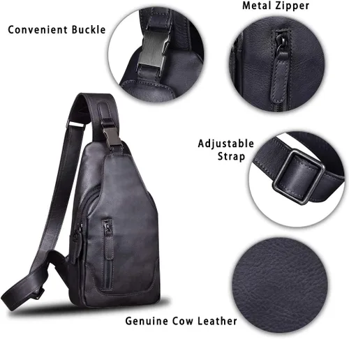 Vista 6 de IVTG Bolso bandolera de cuero genuino para hombres y mujeres, bolso cruzado de hombro en el pecho, mochila de senderismo, mochila vintage hecha a