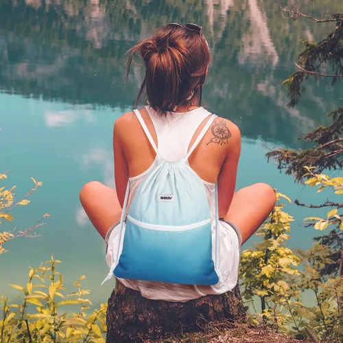 Vista 5 de WANDF Mochila con cordón de nailon resistente al agua para gimnasio, compras, deporte, yoga, Azul Gradiente, Compacto