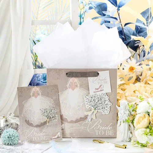 Vista 3 de MAYPLUSS Bolsa de regalo de boda mediana de 10 pulgadas con tarjeta de felicitación y papel de seda para aniversario, despedida de soltera, novia