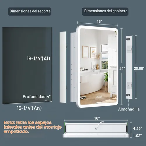 Vista 2 de Botiquín de 16 x 24 pulgadas con luces (con bisagra izquierda), marco de aleación AL, empotrado o superficie, enchufable o cableado, 2