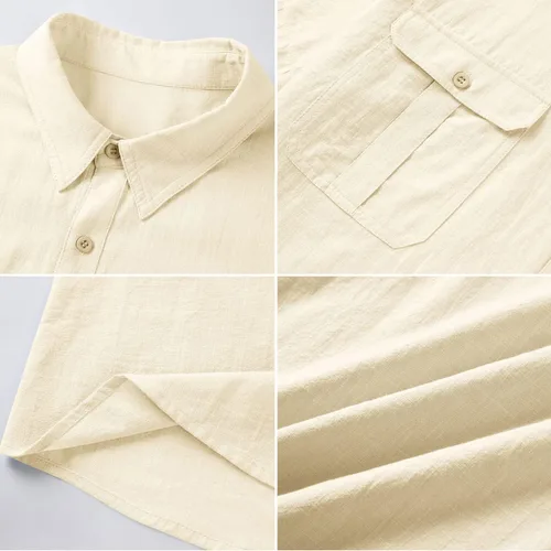 Vista 3 de Pengfei - Camisas lisas de manga corta para hombre, de linoalgodón, cuello clásico con botones